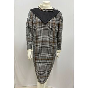 Vintage Basile Dress‎ Black White Brown Houndstooth Plaid Front Black Bib 42 L